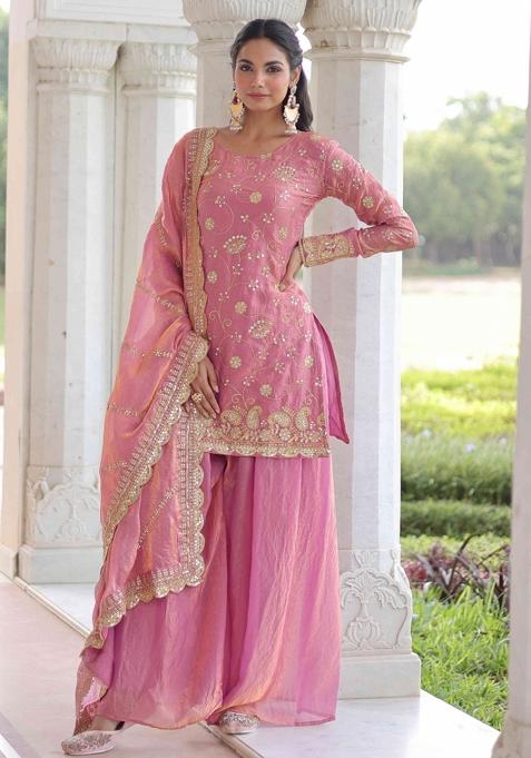 Pink Sequnce Emroidery Work Silk Kurta Set