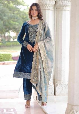 Blue Sequnce Emroidery Work Velvet Kurta Set