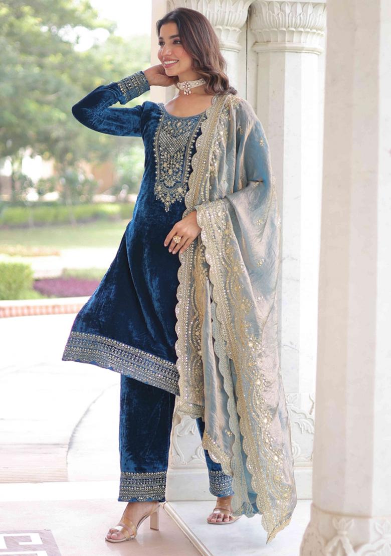 Blue Sequnce Emroidery Work Velvet Kurta Set - Indya