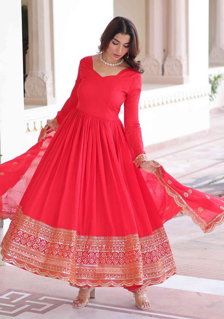 Red Sequnce Emroidery Work Silk Kurta Set - Indya