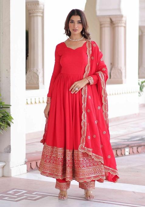 Red Sequnce Emroidery Work Silk Kurta Set