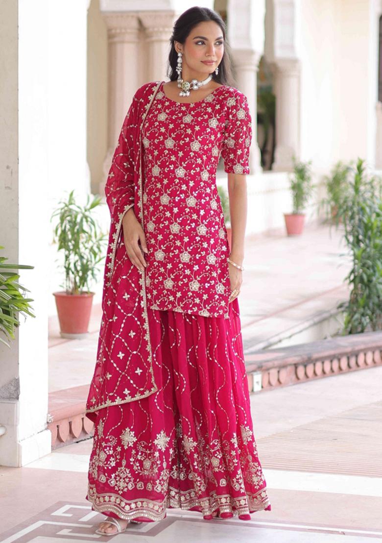 Pink Sequnce Emroidery Work Georgette Kurta Set - Indya
