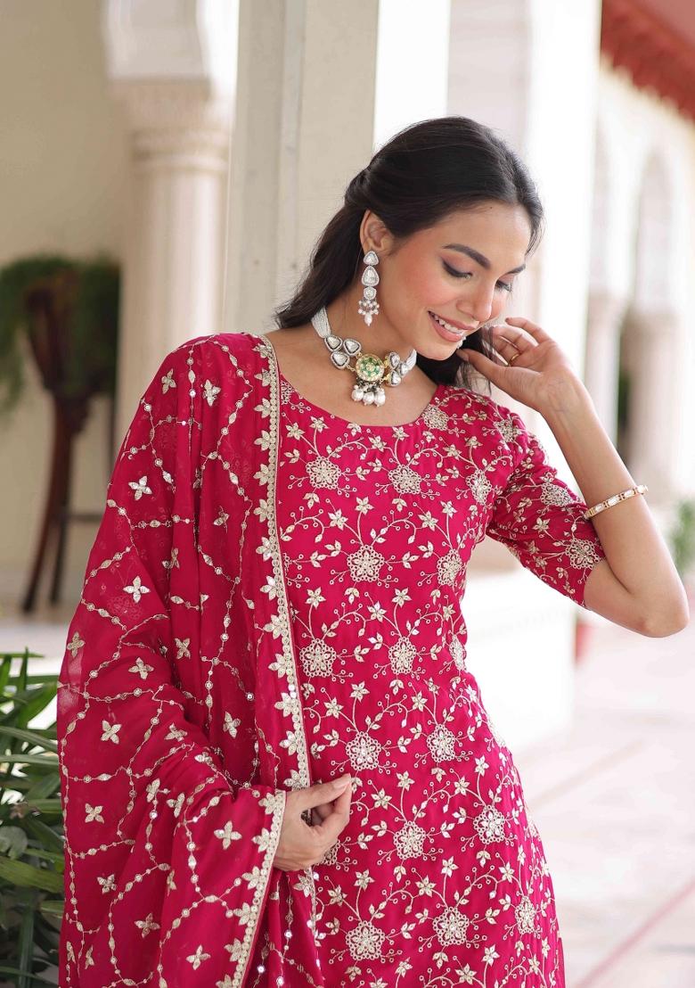 Pink Sequnce Emroidery Work Georgette Kurta Set - Indya