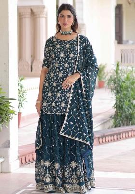 Rama Green Sequnce Emroidery Work Georgette Kurta Set