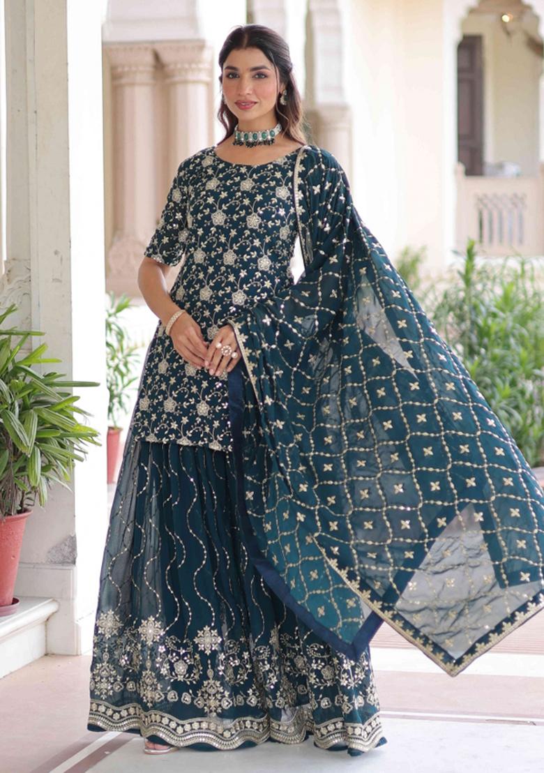 Rama Green Sequnce Emroidery Work Georgette Kurta Set - Indya