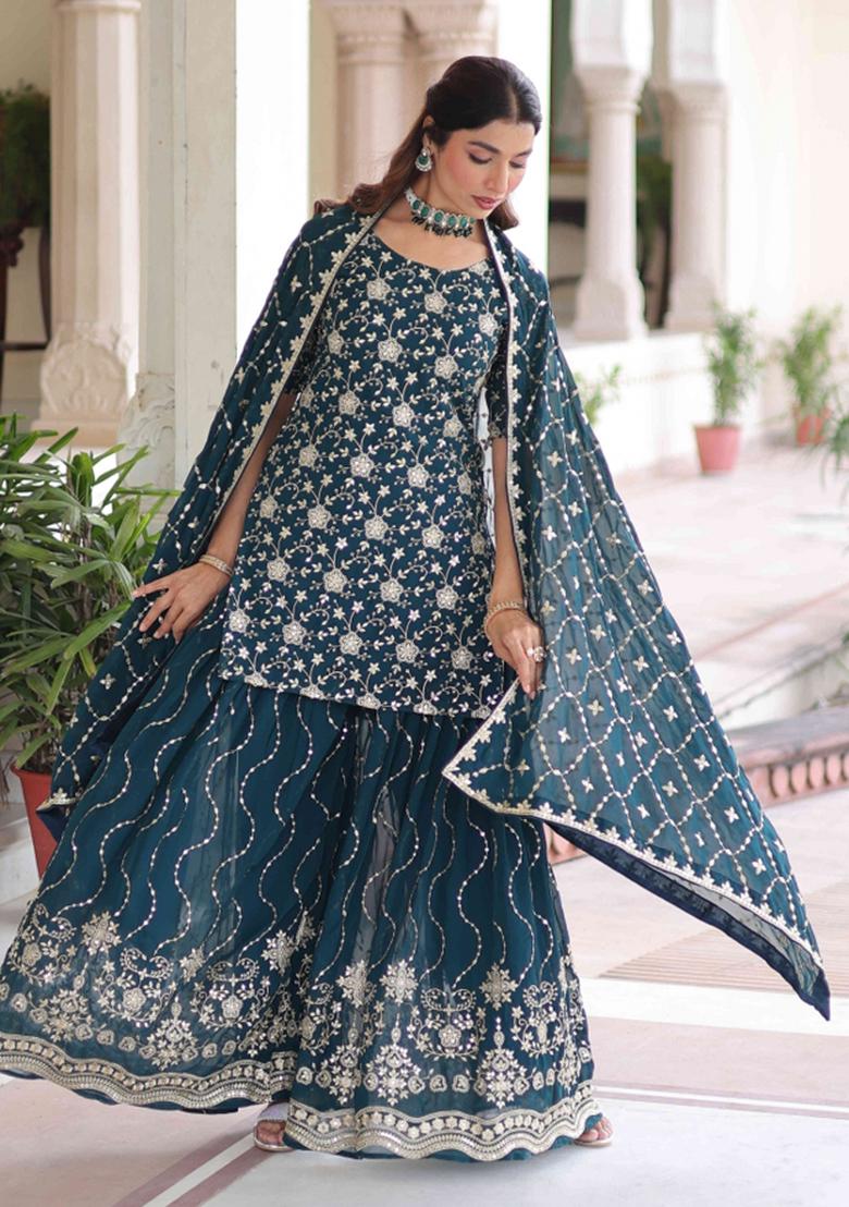 Rama Green Sequnce Emroidery Work Georgette Kurta Set - Indya