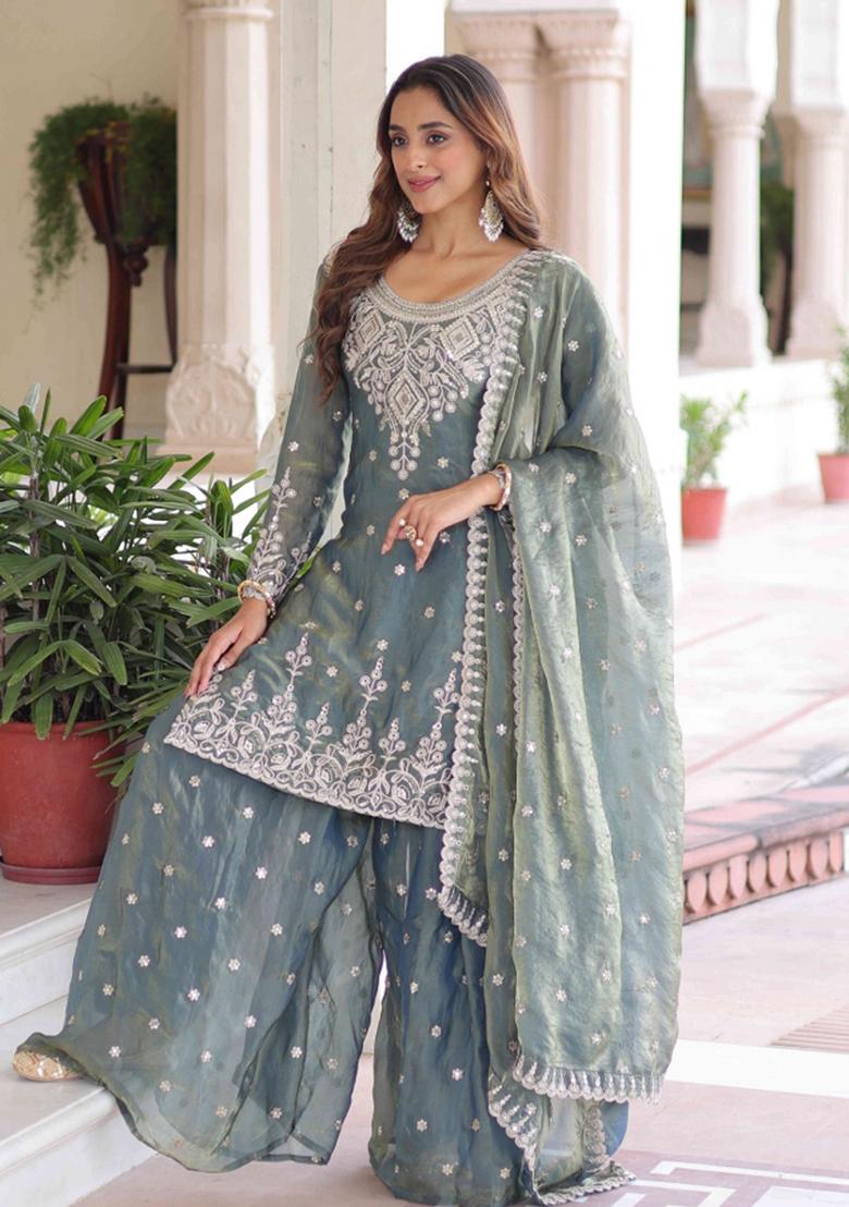 Grey Sequnce Emroidery Work Silk Kurta Set - Indya