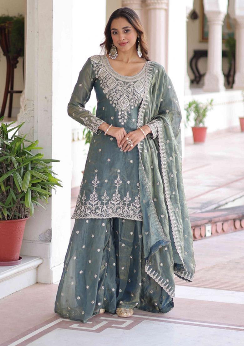 Grey Sequnce Emroidery Work Silk Kurta Set - Indya