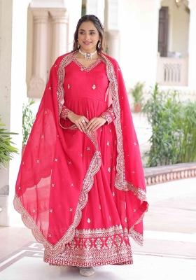 Pink Sequnce Emroidery Work Silk Kurta Set