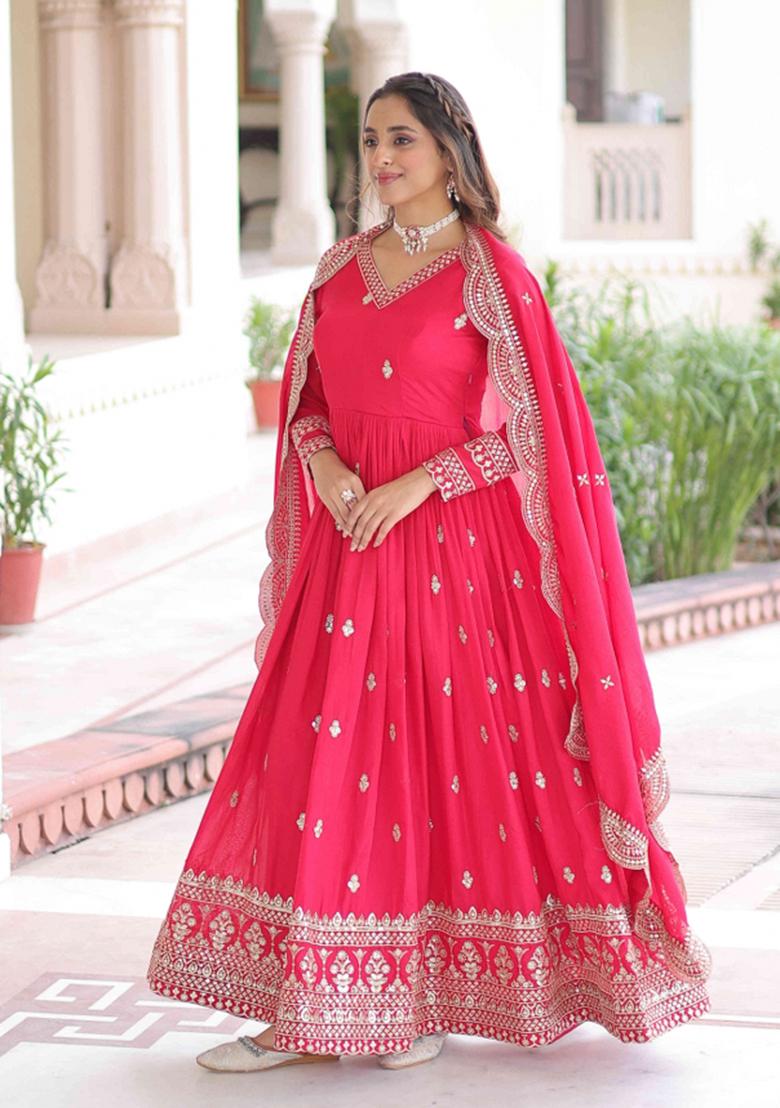 Pink Sequnce Emroidery Work Silk Kurta Set - Indya