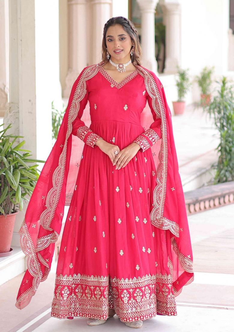 Pink Sequnce Emroidery Work Silk Kurta Set - Indya