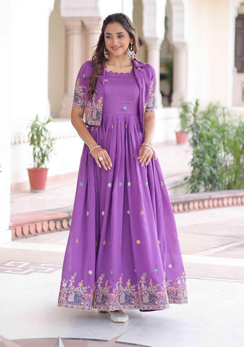 Purple Sequnce Emroidery Work Silk Kurta Set - Indya