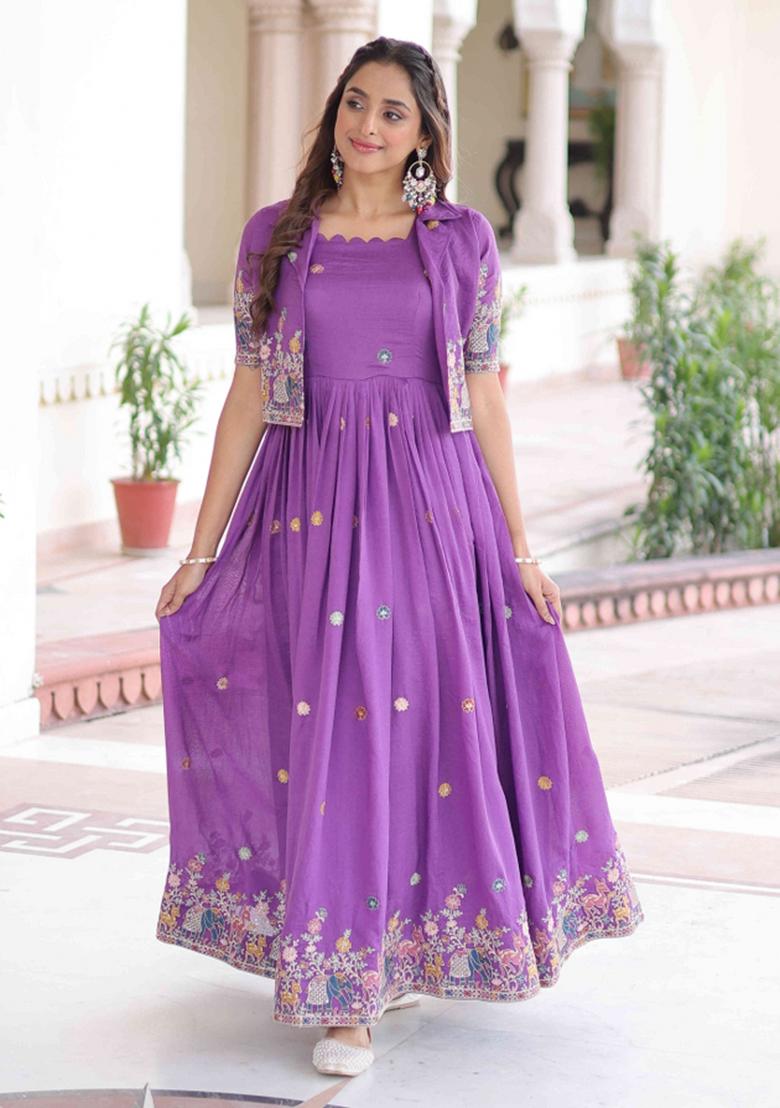 Purple Sequnce Emroidery Work Silk Kurta Set - Indya
