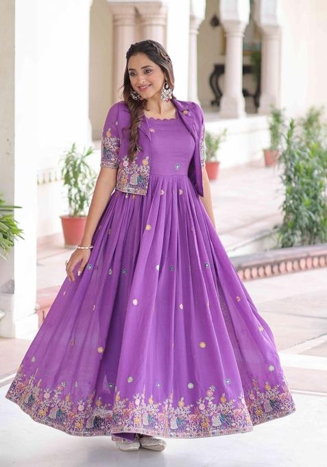 Purple Sequnce Emroidery Work Silk Kurta Set