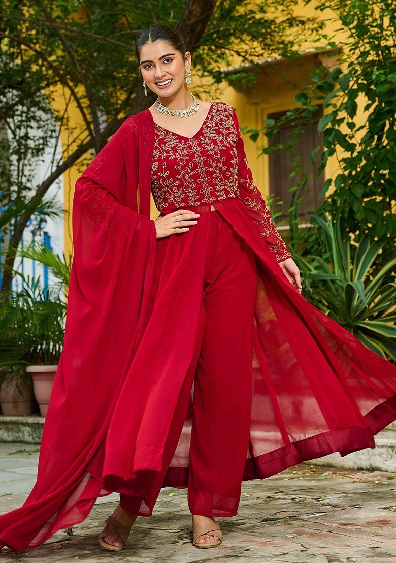 Maroon Sequnce Emroidery Work Georgette Kurta Set - Indya