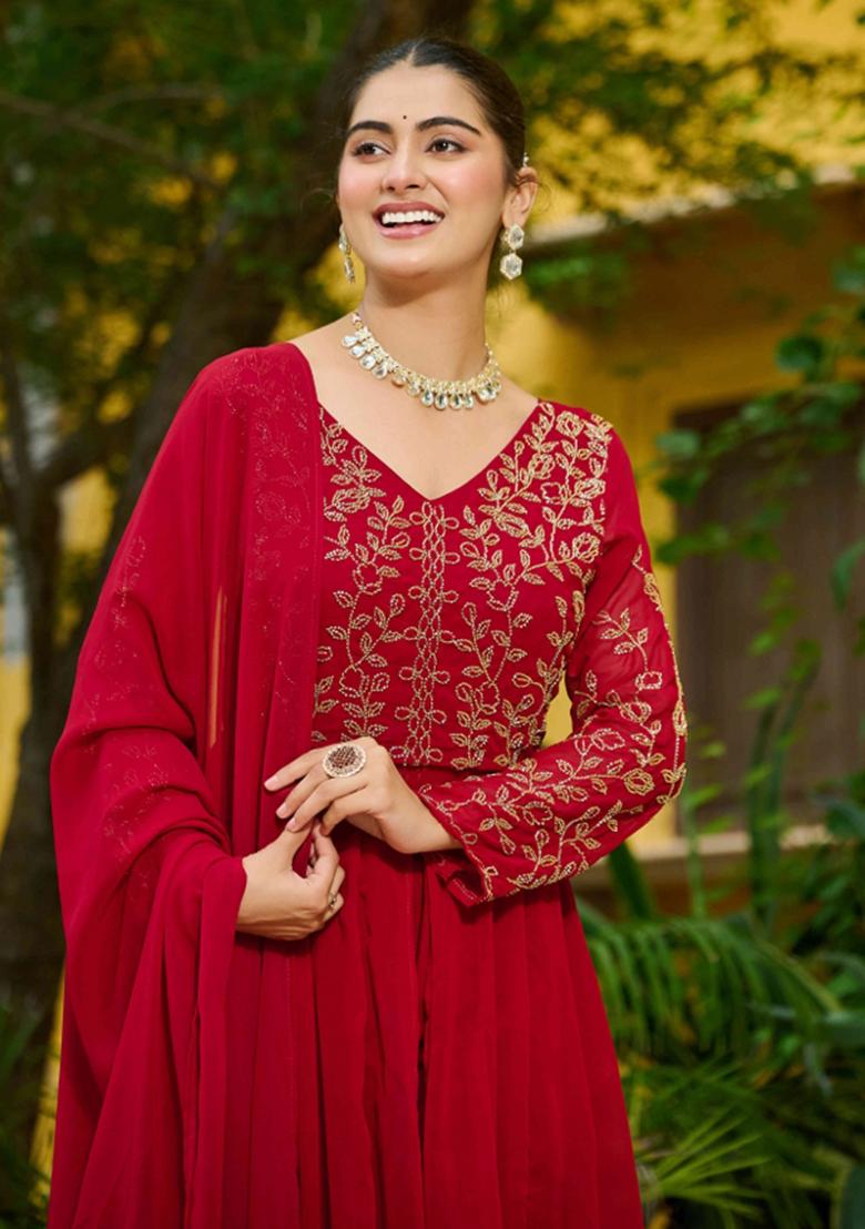 Maroon Sequnce Emroidery Work Georgette Kurta Set - Indya