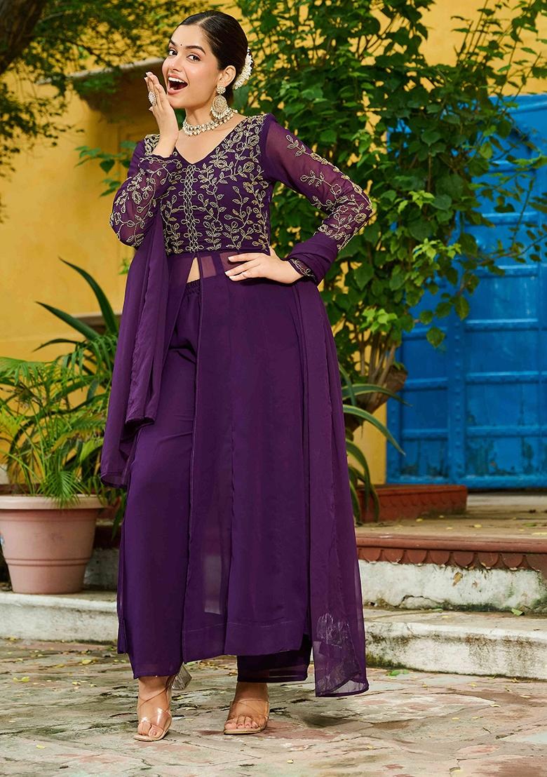 Purple Sequnce Emroidery Work Georgette Kurta Set - Indya