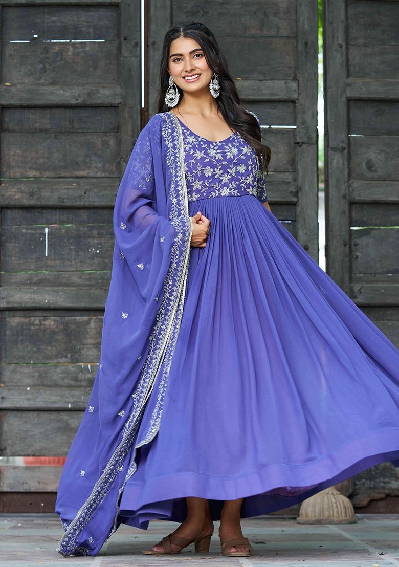 Blue Sequnce Emroidery Work Georgette Kurta Set - Indya