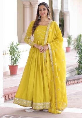 Yellow Sequnce Emroidery Work Silk Kurta Set
