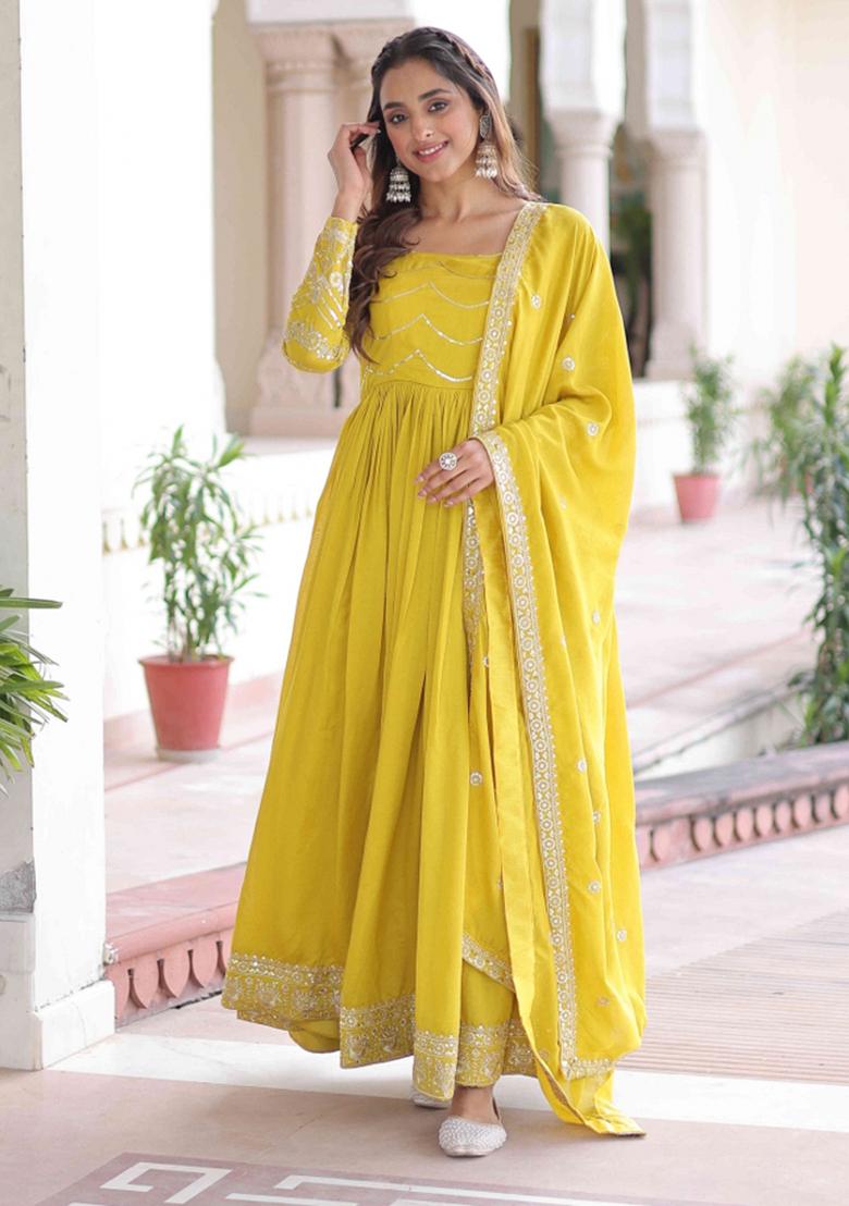 Yellow Sequnce Emroidery Work Silk Kurta Set - Indya