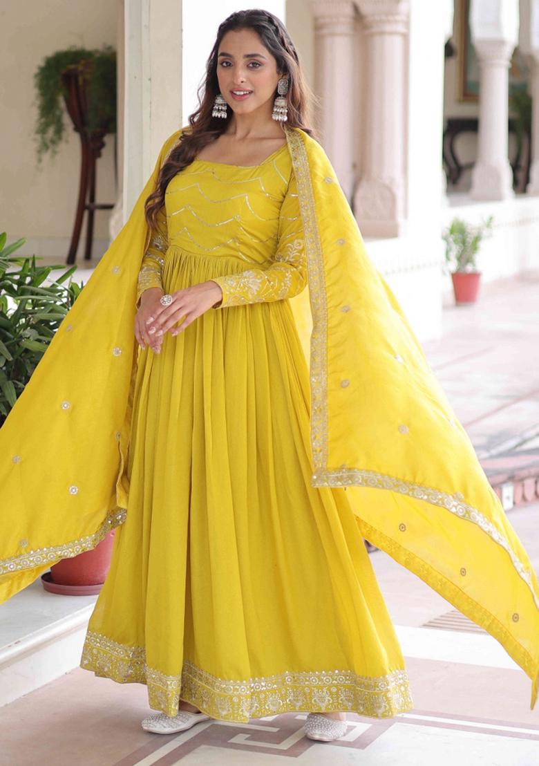 Yellow Sequnce Emroidery Work Silk Kurta Set - Indya