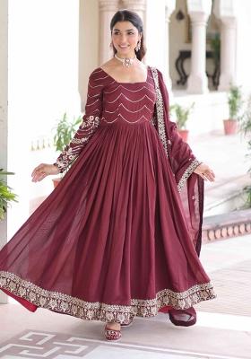 Maroon Sequnce Emroidery Work Silk Kurta Set