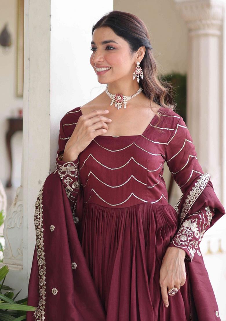 Maroon Sequnce Emroidery Work Silk Kurta Set - Indya