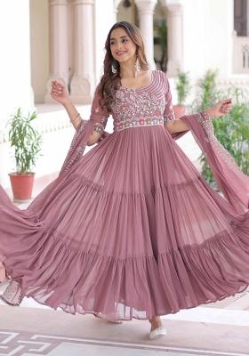 Peach Sequnce Emroidery Work Georgette Kurta Set