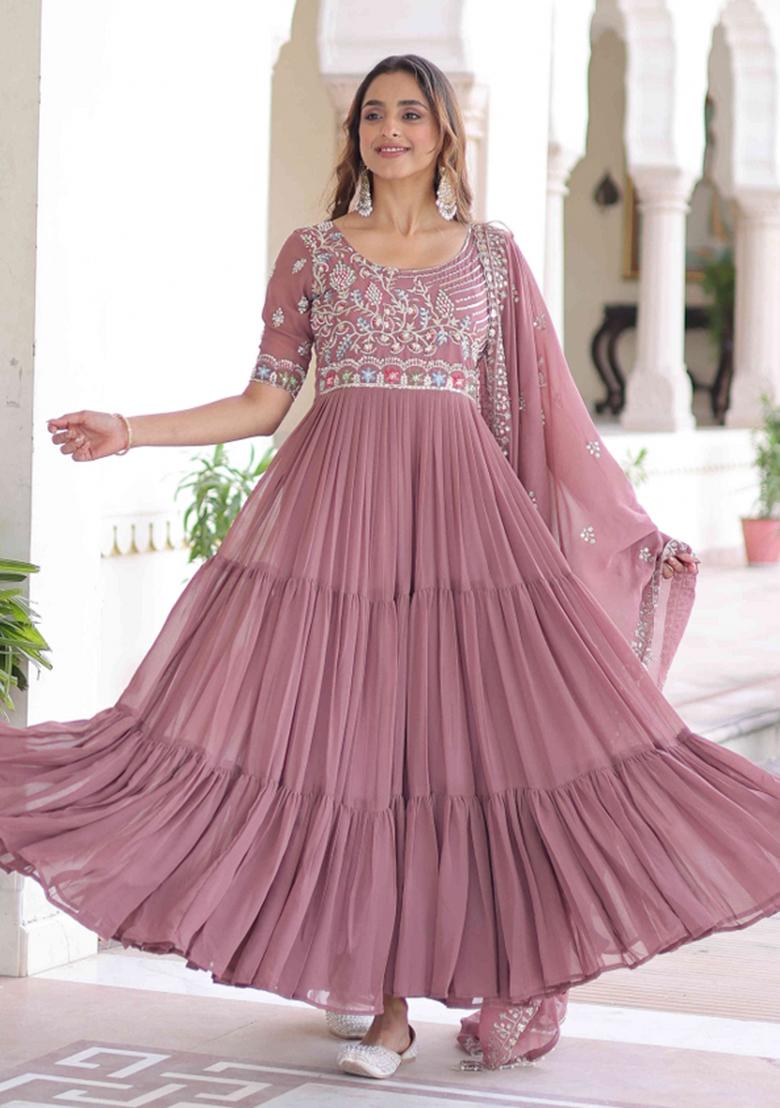 Peach Sequnce Emroidery Work Georgette Kurta Set - Indya