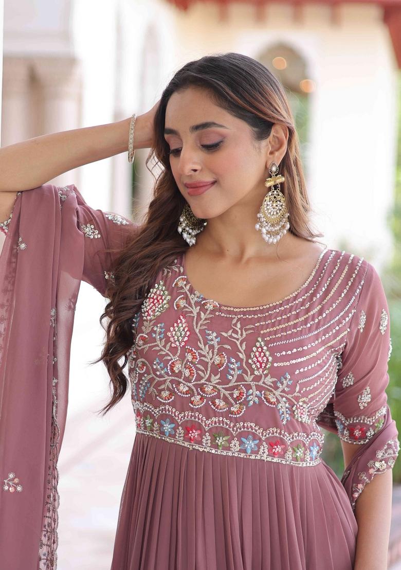 Peach Sequnce Emroidery Work Georgette Kurta Set - Indya