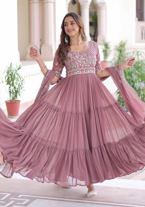 Peach Sequnce Emroidery Work Georgette Kurta Set