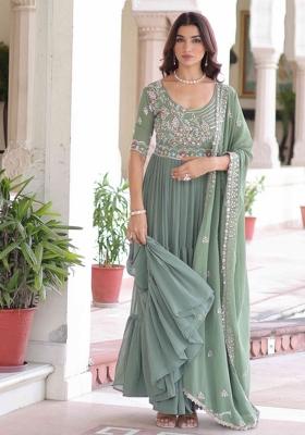 Pista Sequnce Emroidery Work Georgette Kurta Set