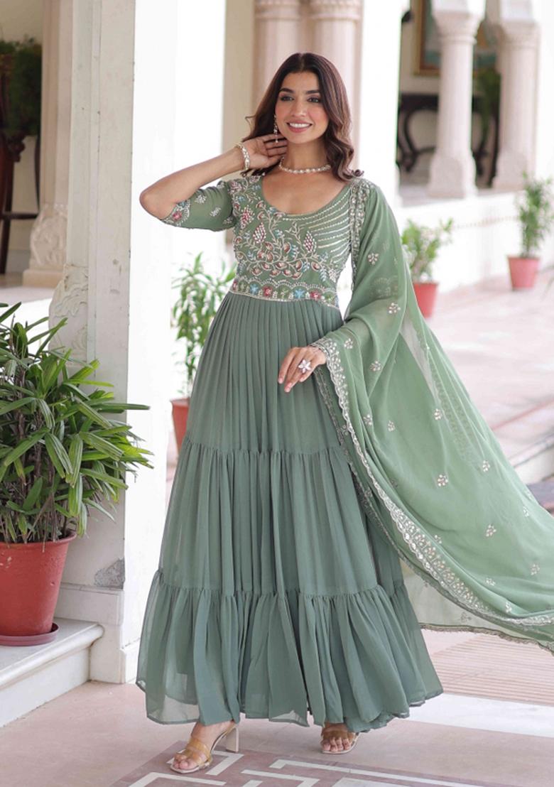 Pista Sequnce Emroidery Work Georgette Kurta Set - Indya