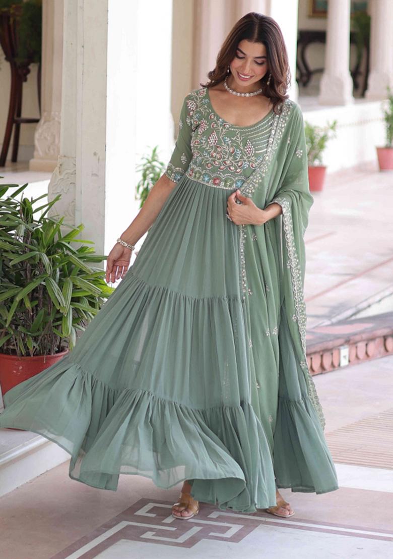 Pista Sequnce Emroidery Work Georgette Kurta Set - Indya