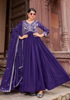 Purple Sequnce Emroidery Work Georgette Kurta Set
