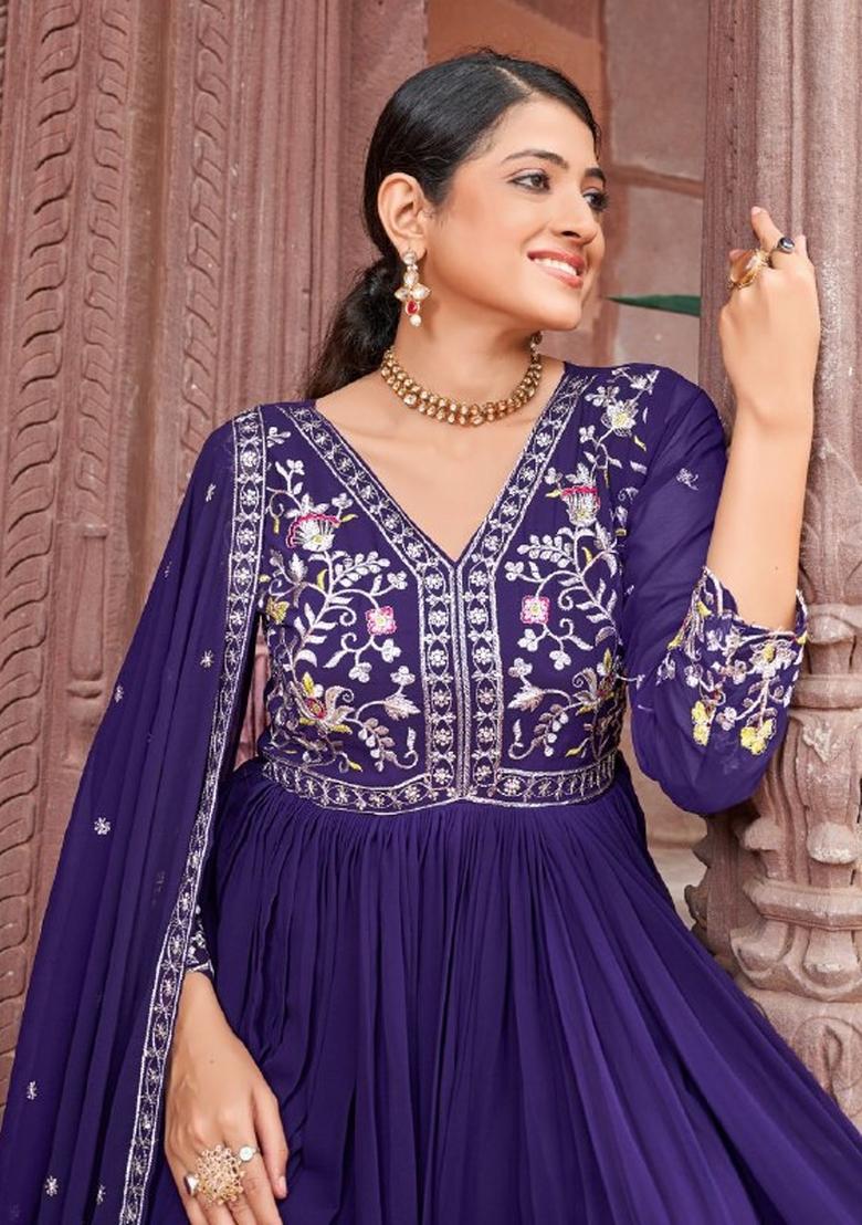Purple Sequnce Emroidery Work Georgette Kurta Set - Indya