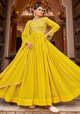 Yellow Sequnce Emroidery Work Georgette Kurta Set