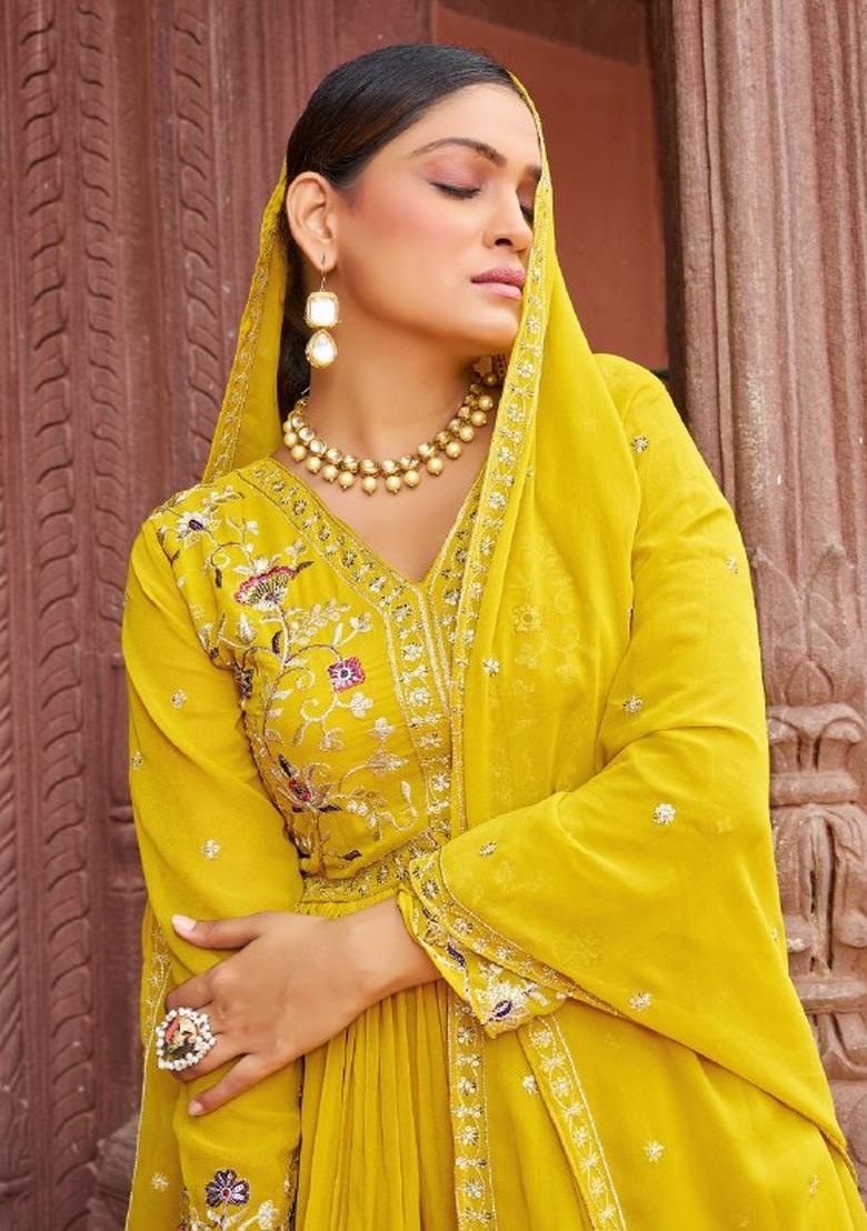 Yellow Sequnce Emroidery Work Georgette Kurta Set - Indya