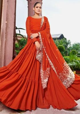 Rust Sequnce Emroidery Work Georgette Kurta Set