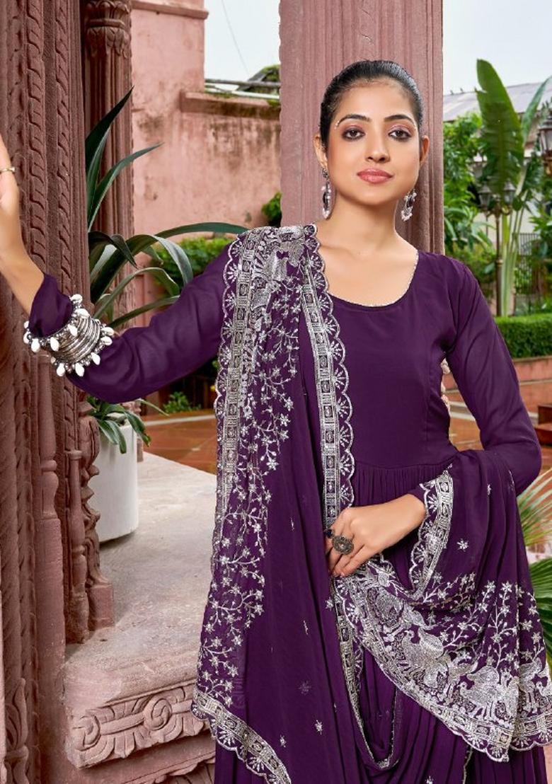 Wine Sequnce Emroidery Work Georgette Kurta Set - Indya