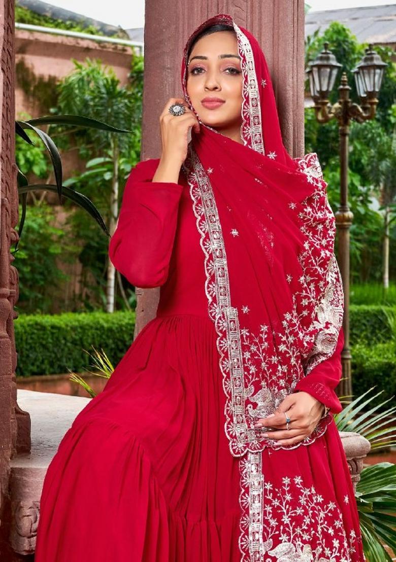 Red Sequnce Emroidery Work Georgette Kurta Set - Indya