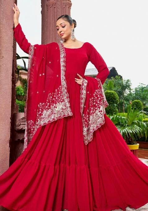 Red Sequnce Emroidery Work Georgette Kurta Set