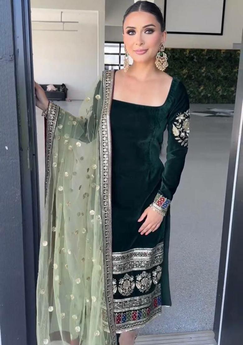 Green Embroidery Velvet Salwar Kameez - Indya