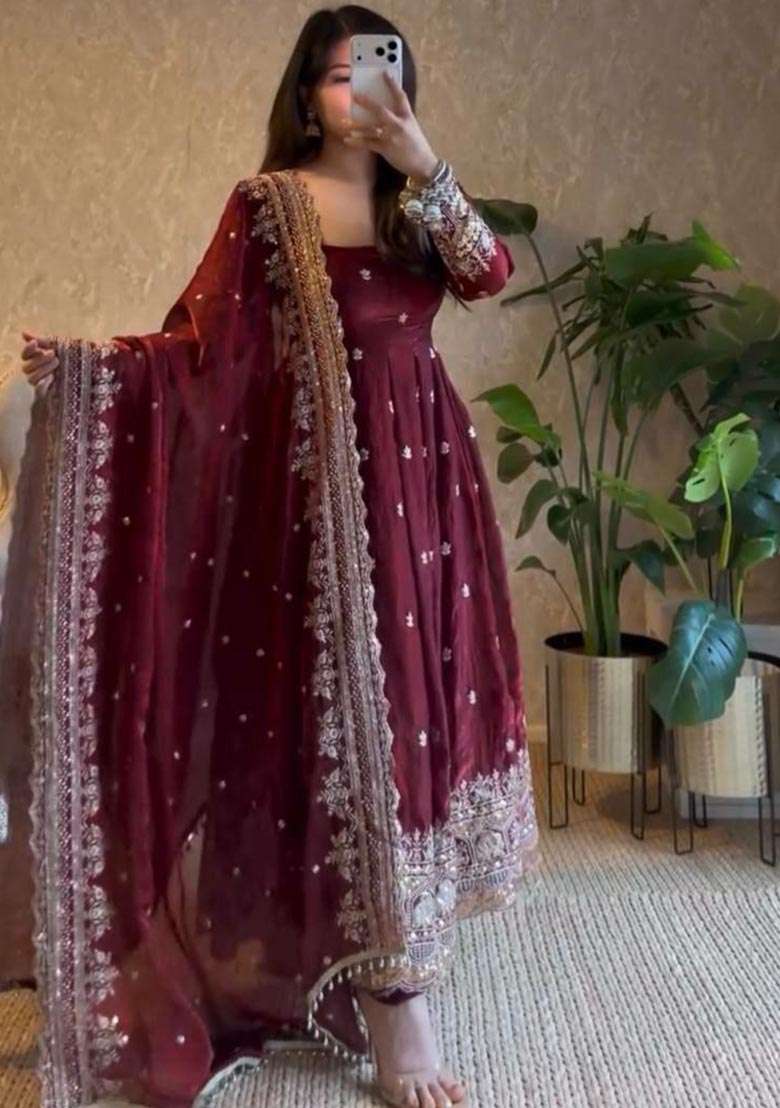 Maroon Embroidered Georgette Anarkali Set - Indya