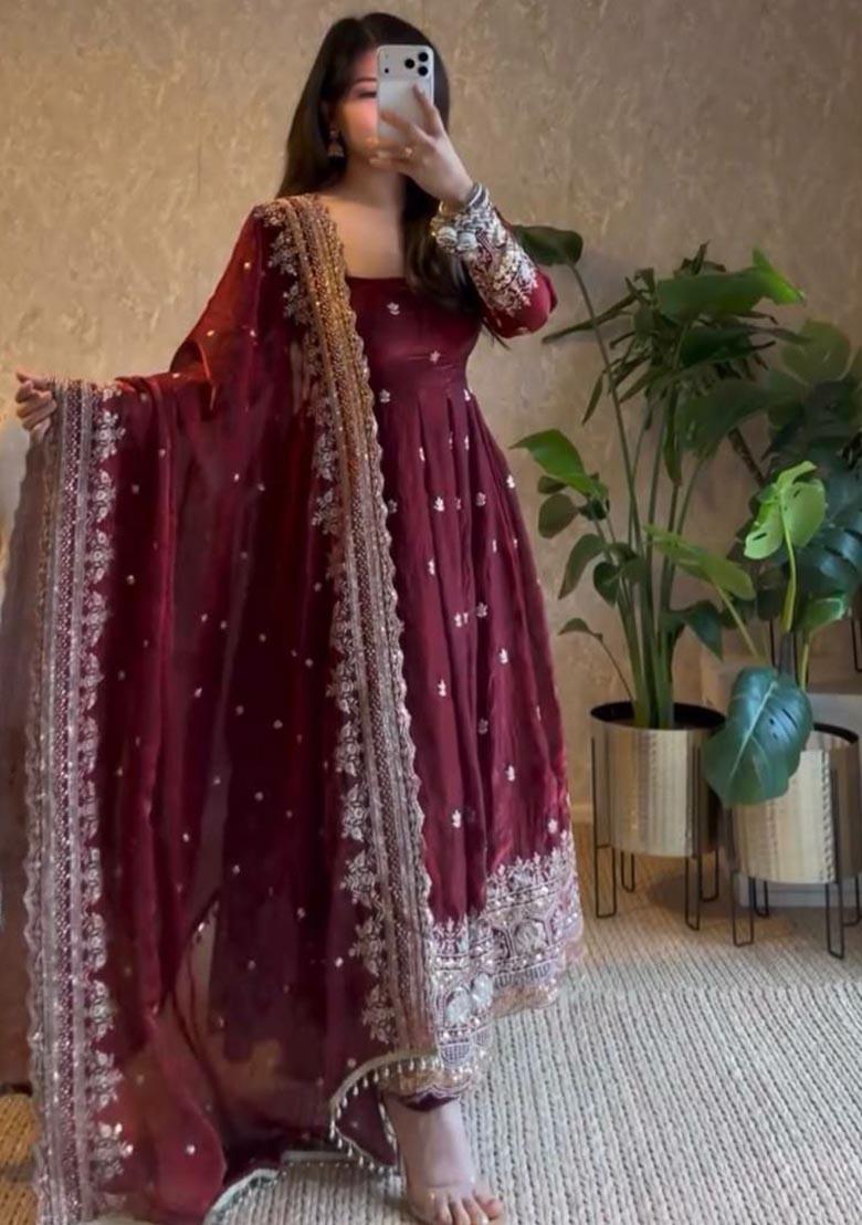 Maroon Embroidery Georgette Salwar Kameez - Indya
