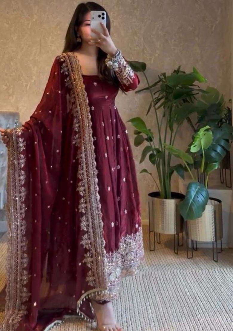 Maroon Embroidered Georgette Anarkali Set - Indya