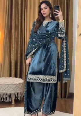 Blue Embroidery Velvet Salwar Kameez