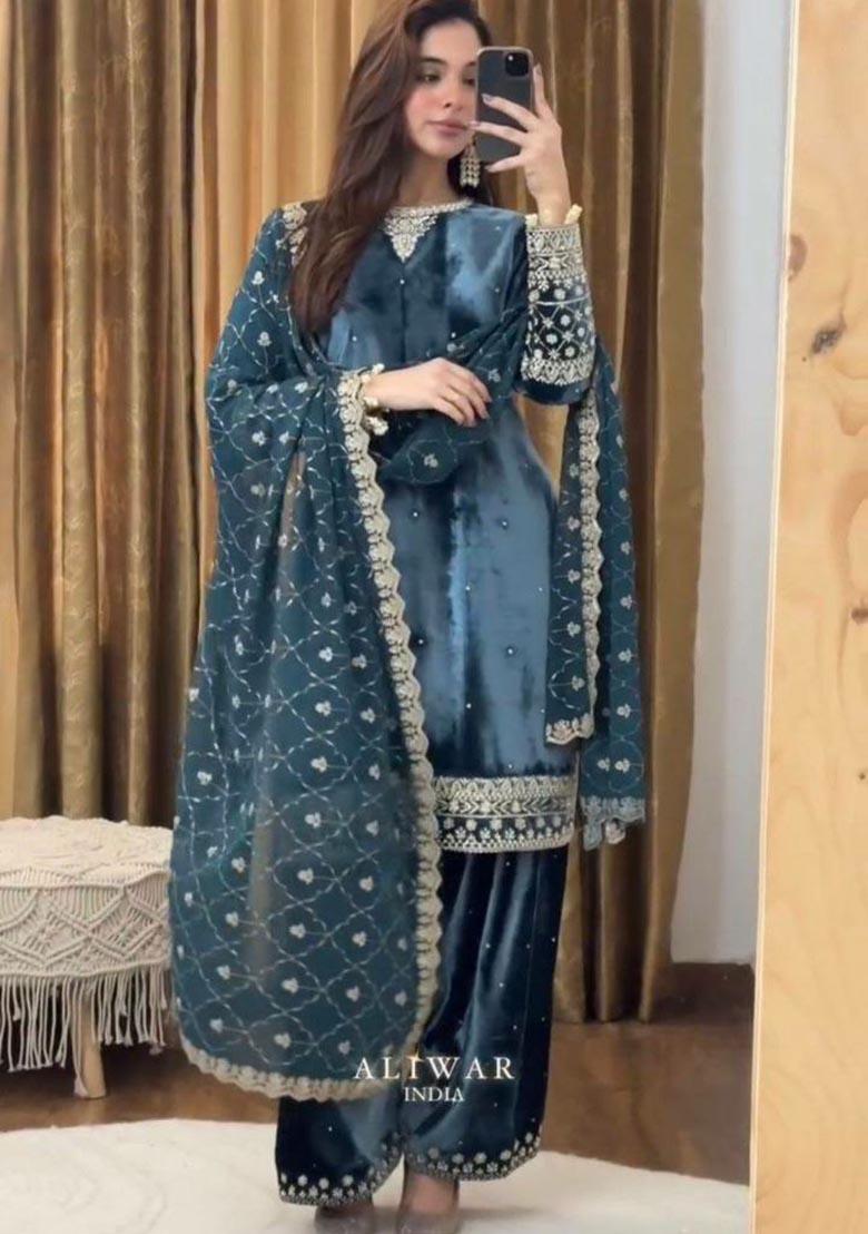 Blue Embroidery Velvet Salwar Kameez - Indya
