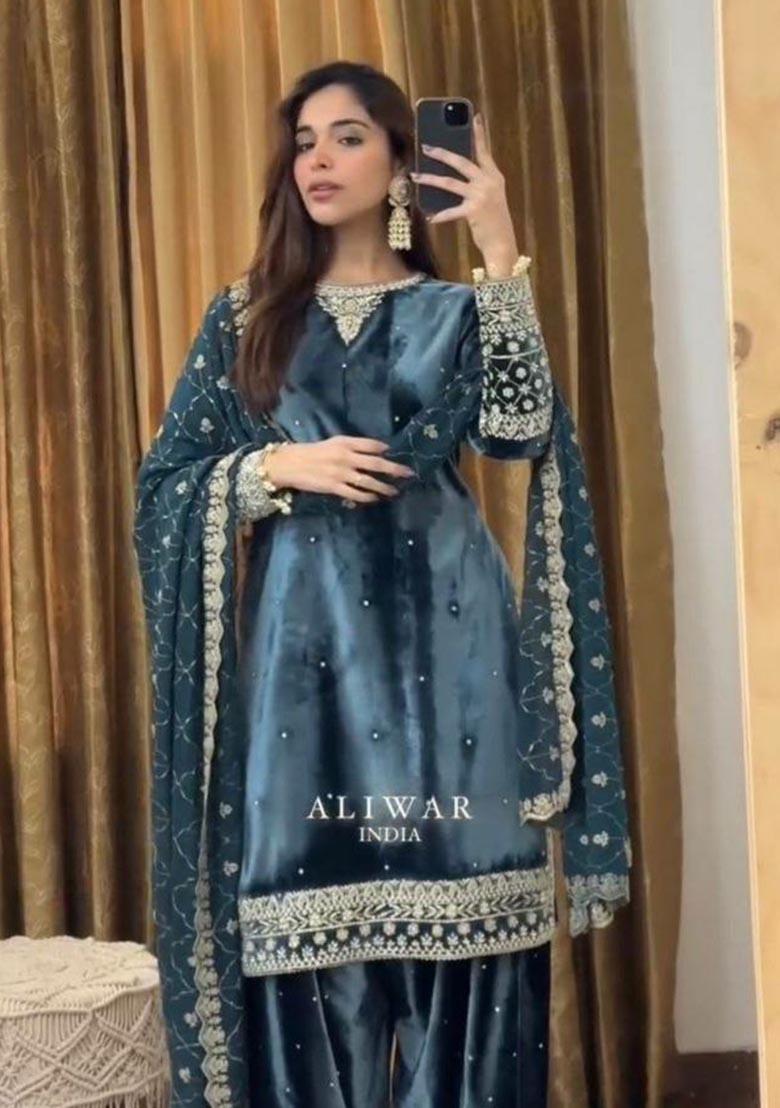Blue Embroidery Velvet Salwar Kameez - Indya