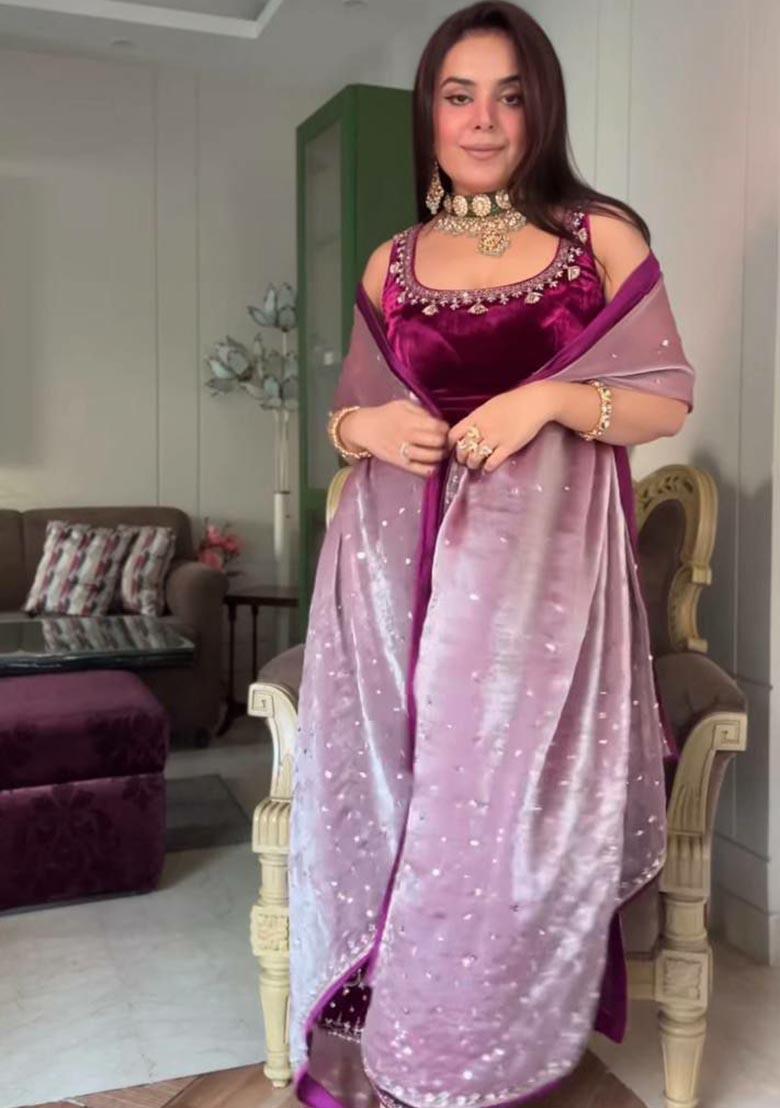 Purple Embroidery Viscose Velvet Salwar Kameez - Indya
